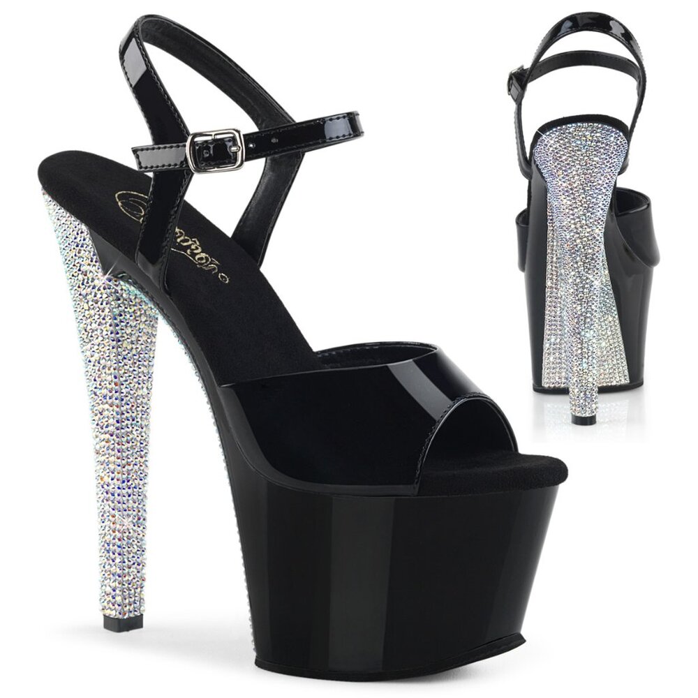 Pleaser Sky 309CHRS Black Platform Heels with Rhinestones